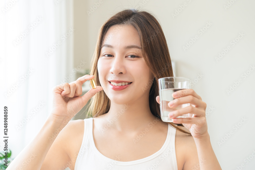 Dietary supplement, asian young woman, girl hand holding medical pill capsule, take or eat vitamin C, D for treatment for skin, hair and nail strengthen with glass of pure water at home, healthcare. Dietary supplement, asian young woman, girl hand holding medical pill capsule, take or eat vitamin C, D for treatment for skin, hair and nail strengthen with glass of pure water at home, healthcare.