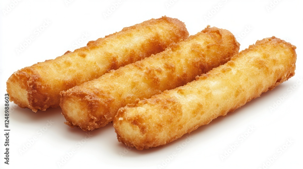Three crispy breadsticks are arranged neatly on a clean white surface, showcasing their golden-brown, breaded texture and inviting appearance. Three crispy breadsticks are arranged neatly on a clean white surface, showcasing their golden-brown, breaded texture and inviting appearance.