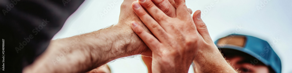 Fototapeta premium Three People's Hands Stacked Together Outdoors