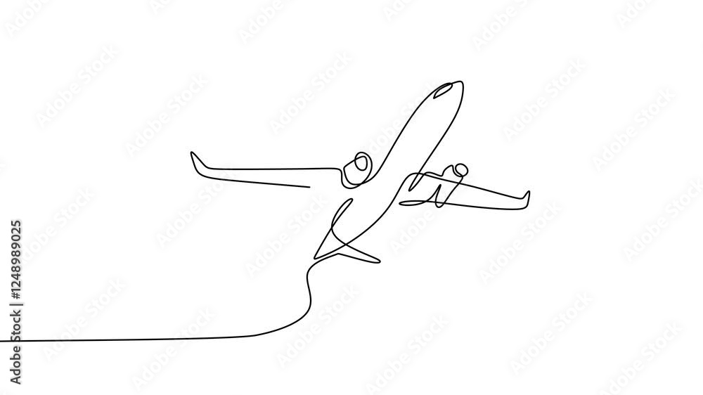 Continuous one line drawing a plane. The passenger plane flight in the sky isolated on white background. Business and tourism, airplane travel concept. Animation video Continuous one line drawing a plane. The passenger plane flight in the sky isolated on white background. Business and tourism, airplane travel concept. Animation video