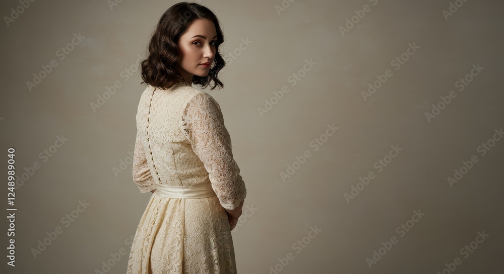 Fototapeta premium Elegant Portrait of Woman in Vintage Lace Dress, Perfect for Fashion and Lifestyle Themes