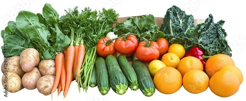 A paper bag containing fresh vegetables and fruits, including tomatoes, peppers, carrots, potatoes