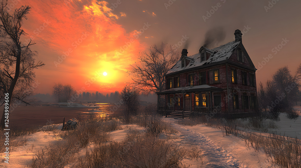 Fototapeta premium A solitary house stands against a vivid sunset, surrounded by snow and barren trees, creating a haunting yet beautiful landscape