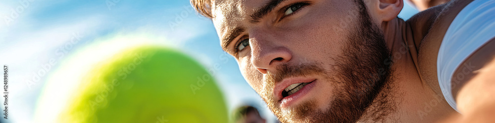 Close-up Portrait of a Man with Blurred Tennis Ball Background Close-up Portrait of a Man with Blurred Tennis Ball Background
