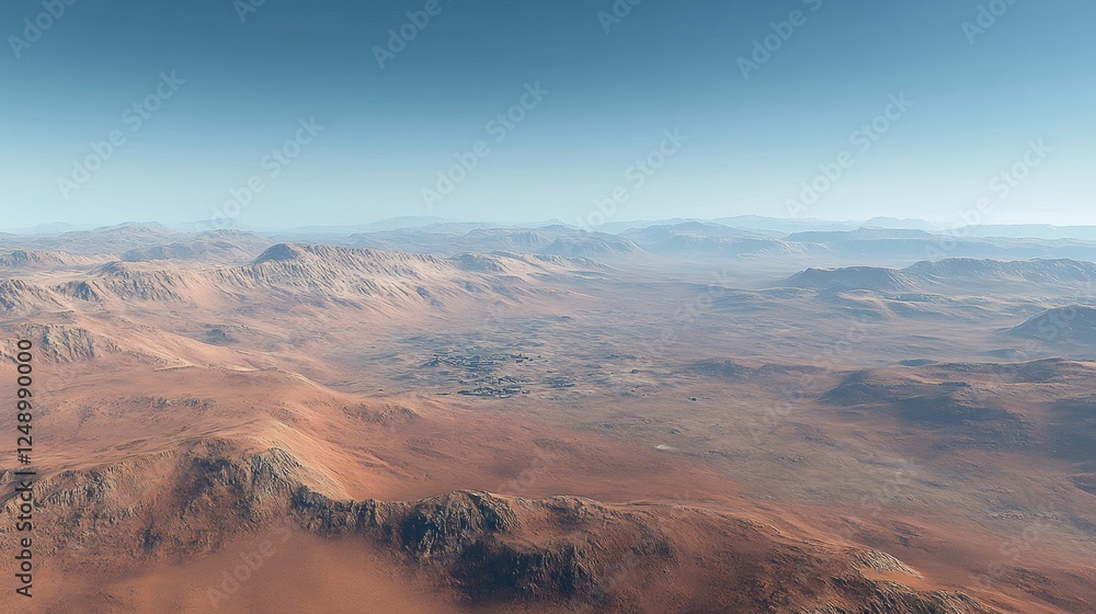Fototapeta premium Vast Martian Landscape with Rugged Terrain and Distant Mountains