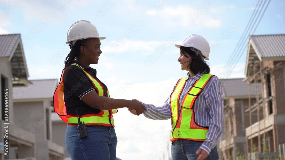 African American foreman woman standing and shaking hands with Female Contractor Home Development talking to inspection house in village construction site. team builder examining housing site. African American foreman woman standing and shaking hands with Female Contractor Home Development talking to inspection house in village construction site. team builder examining housing site.