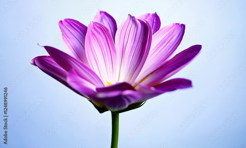 A single purple flower with delicate petals slowly opening up. The background is a soft, blue color. A single purple flower with delicate petals slowly opening up. The background is a soft, blue color.