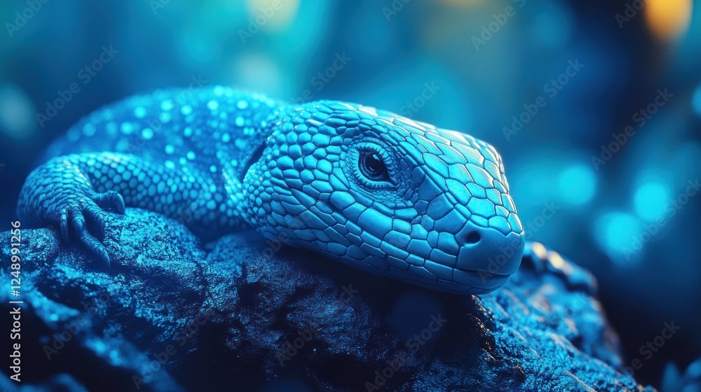Blue Lizard Resting on Rock in Blue Light Blue Lizard Resting on Rock in Blue Light