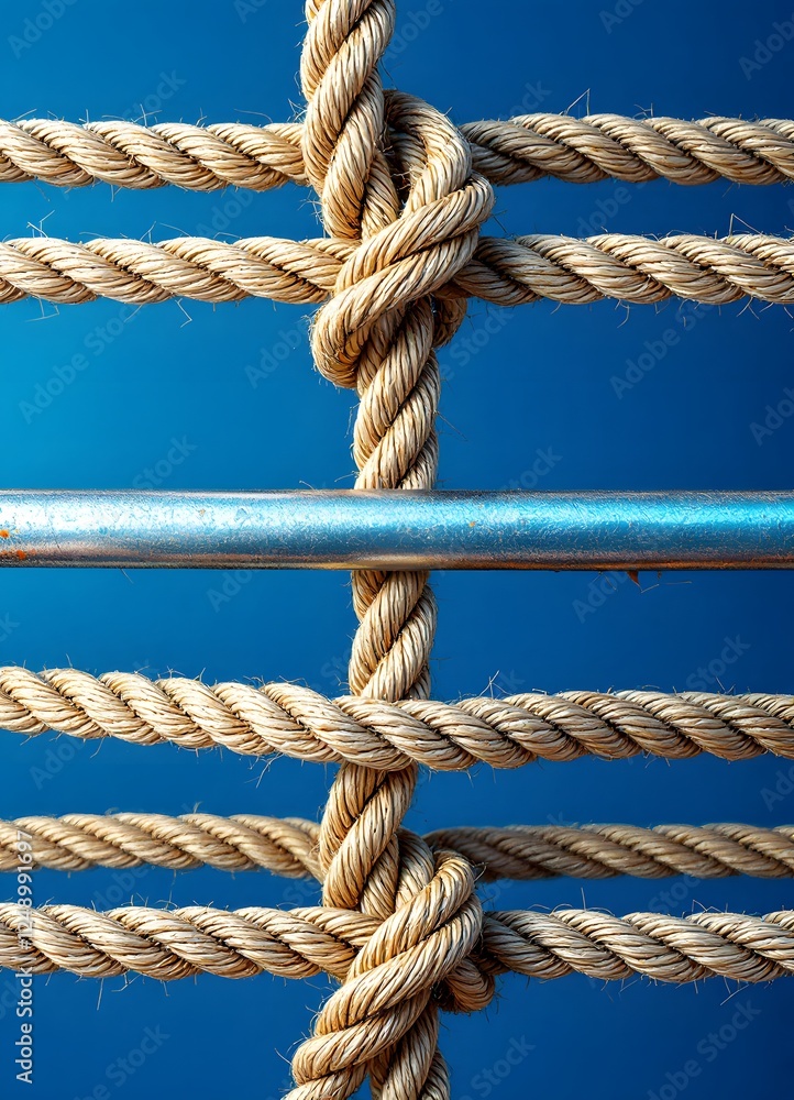Close-Up of Natural Rope and Metal Bars on a Blue Background Close-Up of Natural Rope and Metal Bars on a Blue Background