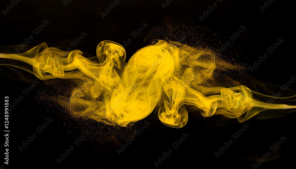 Fototapeta premium Swirling mist of yellow particles on black backdrop, bold dramatic effect. Smoke in motion