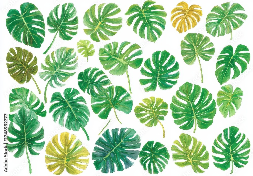 Collection of various plant leaves in shades of green and yellow, arranged on a white background