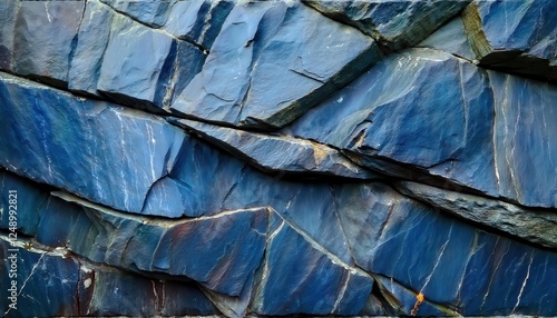 deep blue slate texture with natural geometric pattern for modern background, abstract stone wall design, raw material aesthetics

 photo