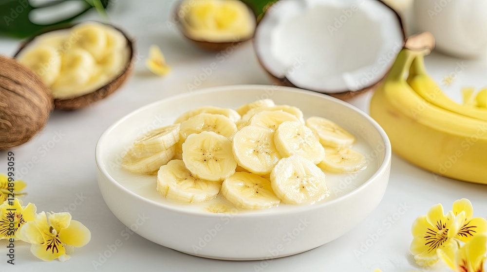 A clean and minimalist presentation of banana in coconut milk, served in a white bowl with subtle tropical decor in the background A clean and minimalist presentation of banana in coconut milk, served in a white bowl with subtle tropical decor in the background