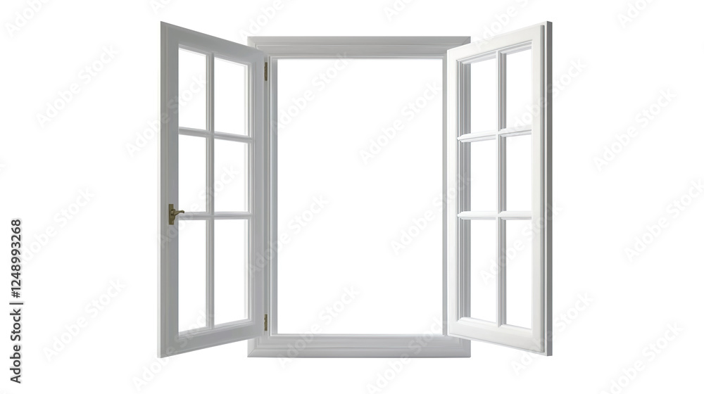 Open window frame isolated on a white background with no shadows, highlighting simplicity and clean design. Open window frame isolated on a white background with no shadows, highlighting simplicity and clean design.