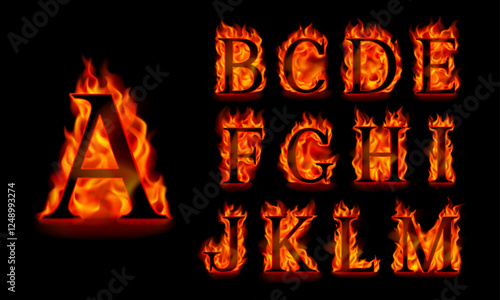 Fire alphabet letters A, B, C, D, E, F, G, H, I, J, K, L, M isolated on a black background. Black serif font in orange flames. Vector illustration. 