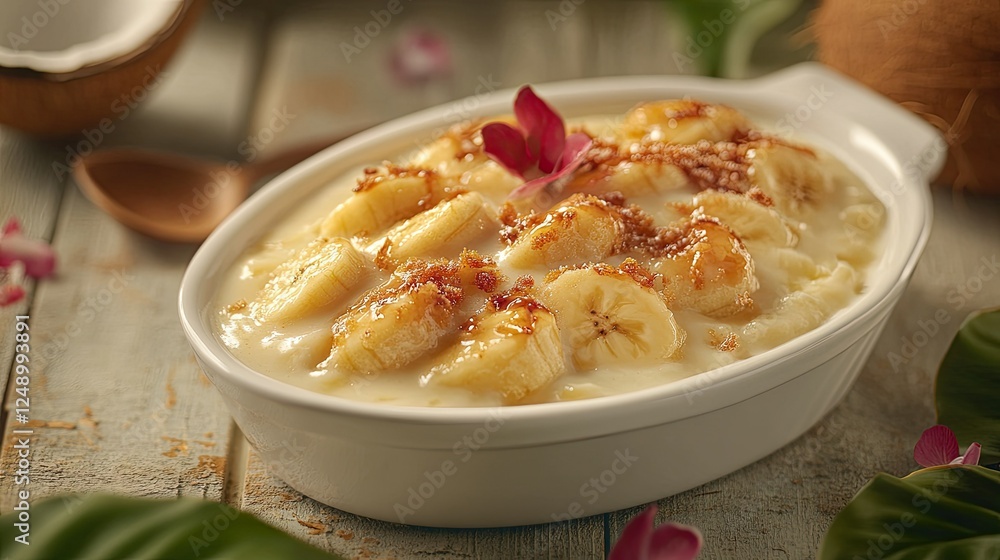 A cozy composition of banana in coconut milk served in a white dish, with tropical accents like coconuts and banana leaves A cozy composition of banana in coconut milk served in a white dish, with tropical accents like coconuts and banana leaves