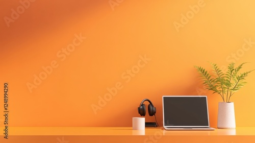 Wallpaper Mural minimalist workspace with laptop, headphones, and plant Torontodigital.ca