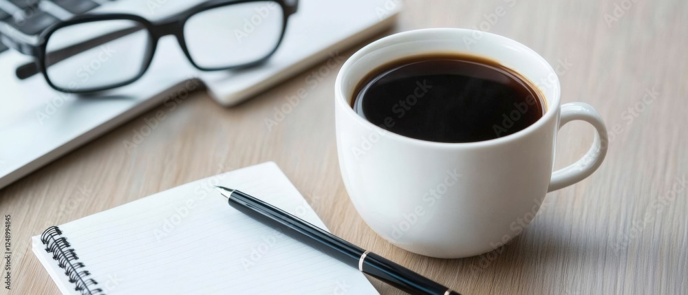coffee break with laptop, notepad, and glasses on desk coffee break with laptop, notepad, and glasses on desk
