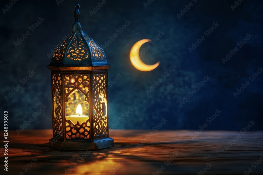 Illuminated Ramadan lantern, crescent moon, night, wood, celebration Illuminated Ramadan lantern, crescent moon, night, wood, celebration