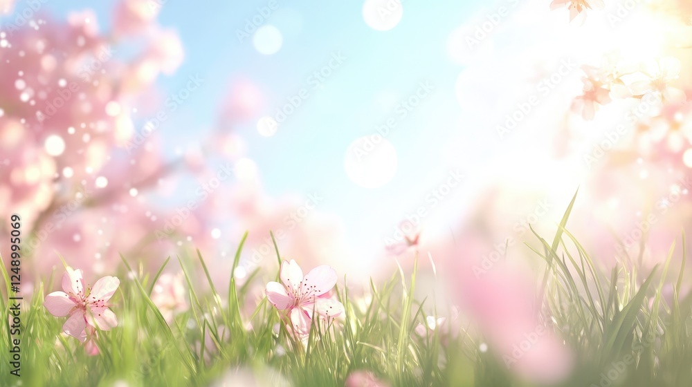 Fototapeta premium Cherry tree with tender flowers in a green grass meadow on a spring Easter sunrise background. Spring blossom. Nature background with flowers.