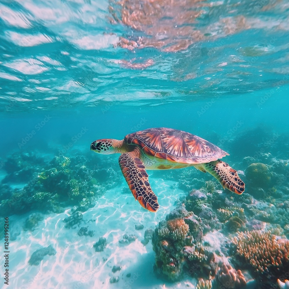 Fototapeta premium Hawksbill turtle swimming near a vibrant coral reef teeming with marine life