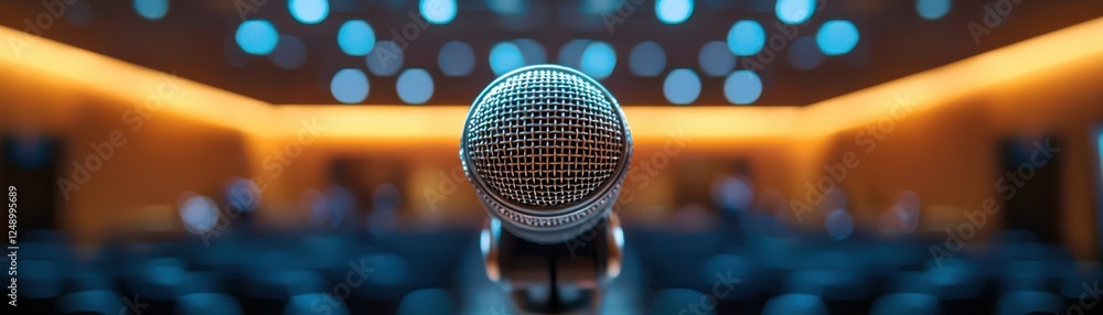 microphone in focus, set against blurred background of boardroom with soft lighting, creating inviting atmosphere for presentations microphone in focus, set against blurred background of boardroom with soft lighting, creating inviting atmosphere for presentations