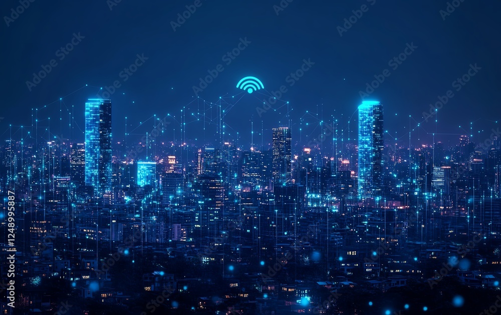 Obraz premium A dark blue futuristic cityscape with AI, 5G, and IoTpowered smart buildings, interconnected design, glowing infrastructure, hightech details