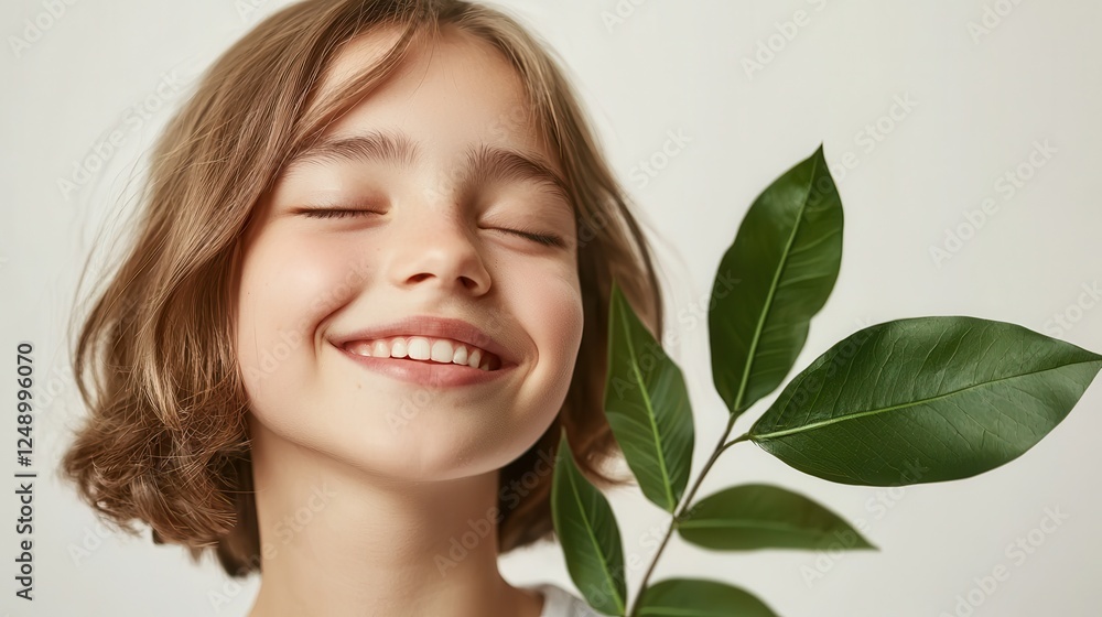 Young Environmentalist Smiling with Eco-Friendly Leaf in a Bright and Natural Setting Young Environmentalist Smiling with Eco-Friendly Leaf in a Bright and Natural Setting