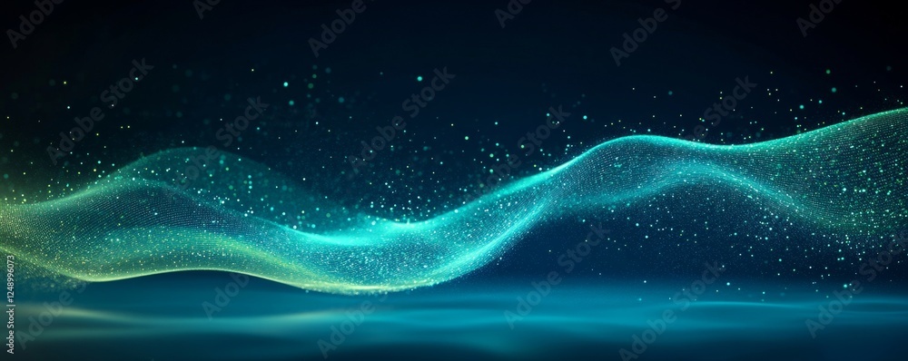 Abstract teal and green energy wave with glowing particles. The wave flows smoothly across a dark blue background. Abstract teal and green energy wave with glowing particles. The wave flows smoothly across a dark blue background.