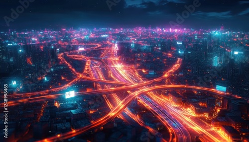 Cyberpunk City Night Aerial View with Technology and Wireless Connection Concept photo