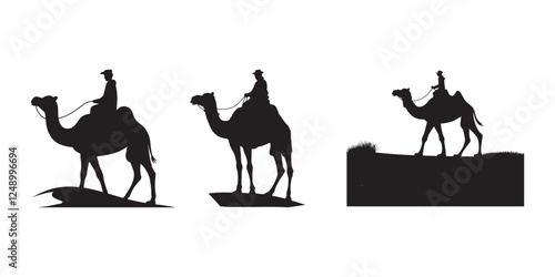 Silhouettes of people riding camels in a desert landscape