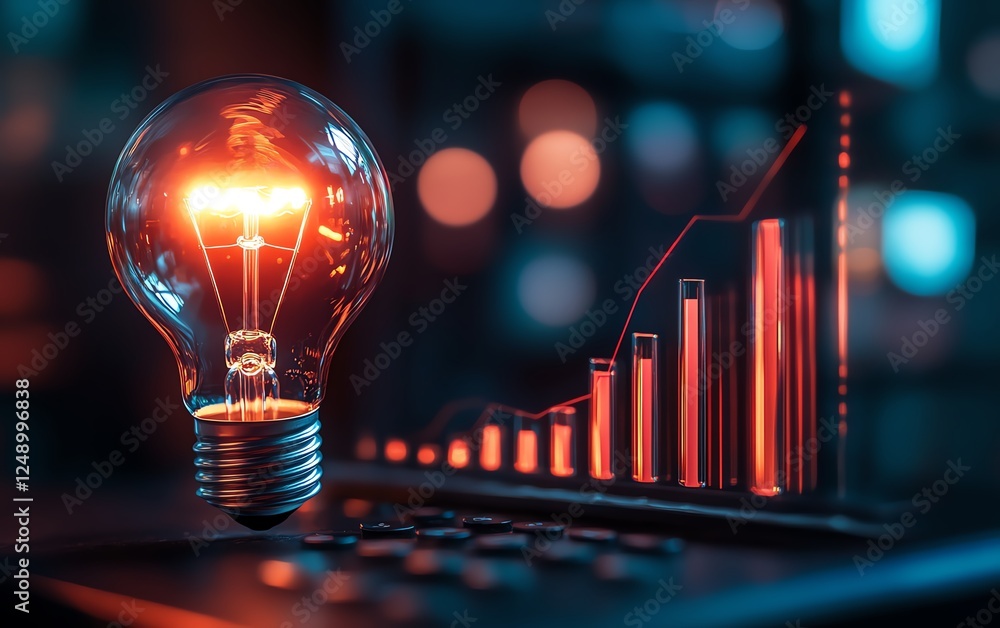 A glowing light bulb and rising bar graph, symbolizing the power of innovative financial strategies and growth, sharp and clean design