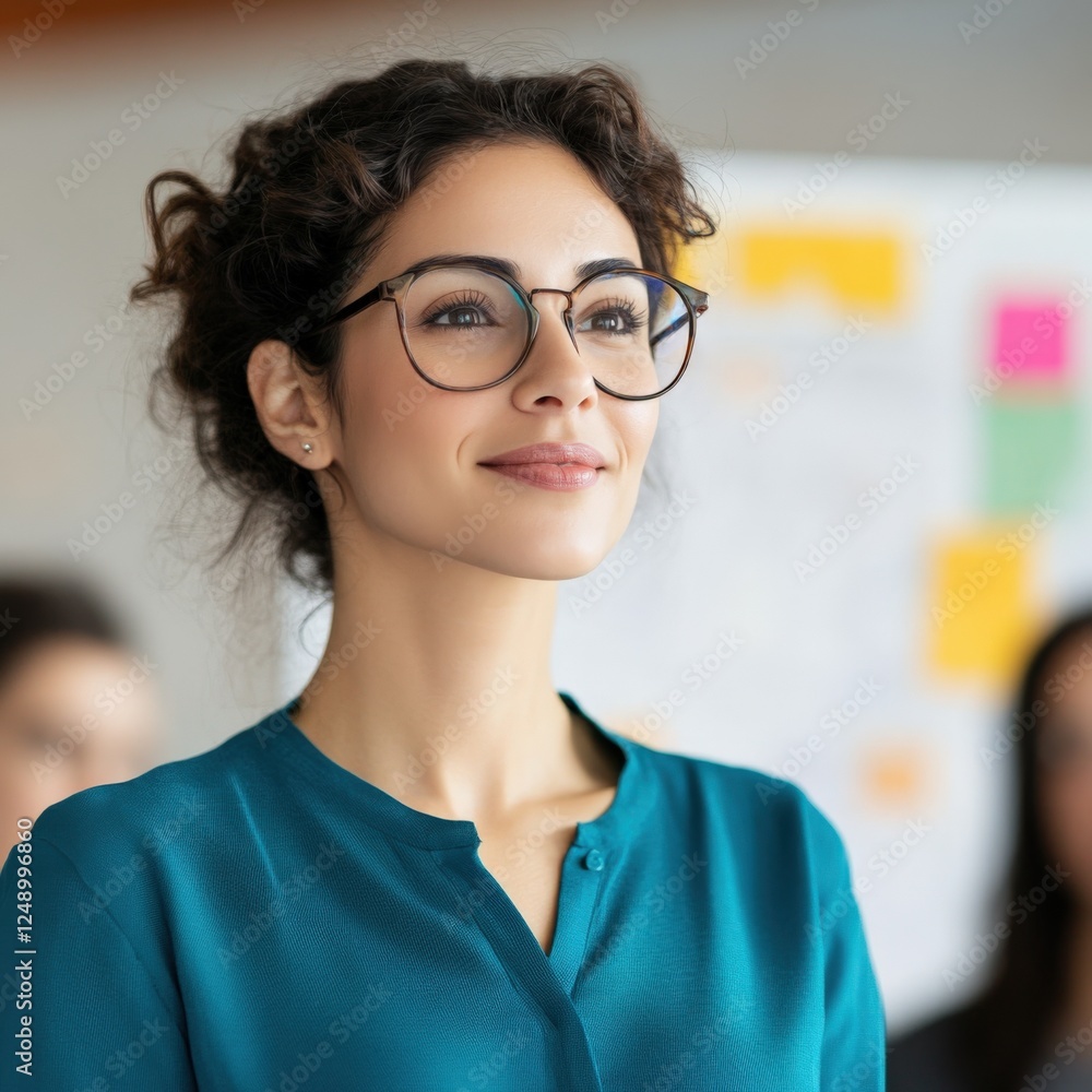 businesswoman with glasses looking up during a meeting businesswoman with glasses looking up during a meeting