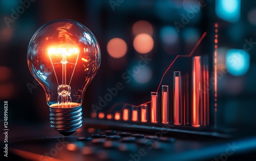 A glowing light bulb and rising bar graph, symbolizing the power of innovative financial strategies and growth, sharp and clean design