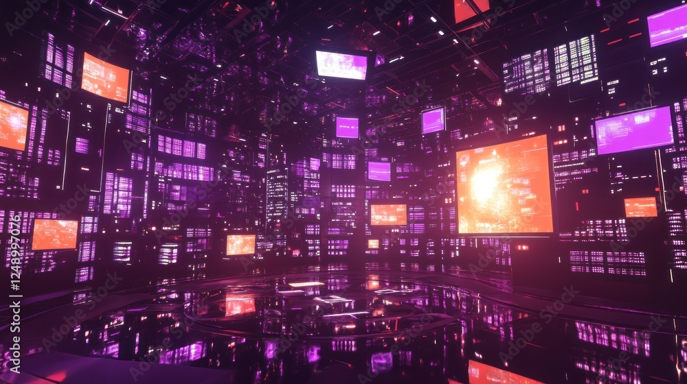 Fototapeta premium 3D digital hologram projecting in a high-tech space, surrounded by floating data screens