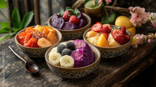 Colorful Luk Chup fruit desserts styled in small clay bowls on a wooden table, giving a Vietnamese street market vibe. photo