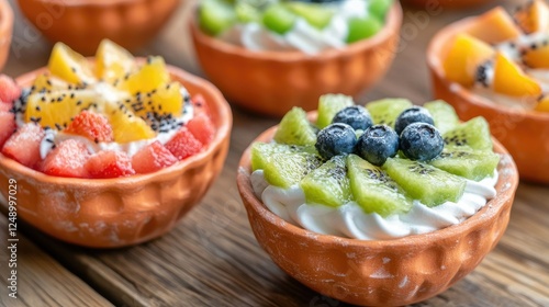 Colorful Luk Chup fruit desserts styled in small clay bowls on a wooden table, giving a Vietnamese street market vibe. photo