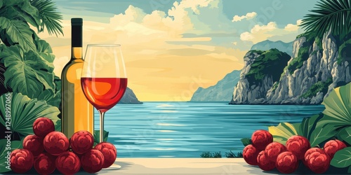 Serene Coastal Landscape with Wine Bottle, Glass of Red Wine, and Lush Tropical Foliage at Sunset
