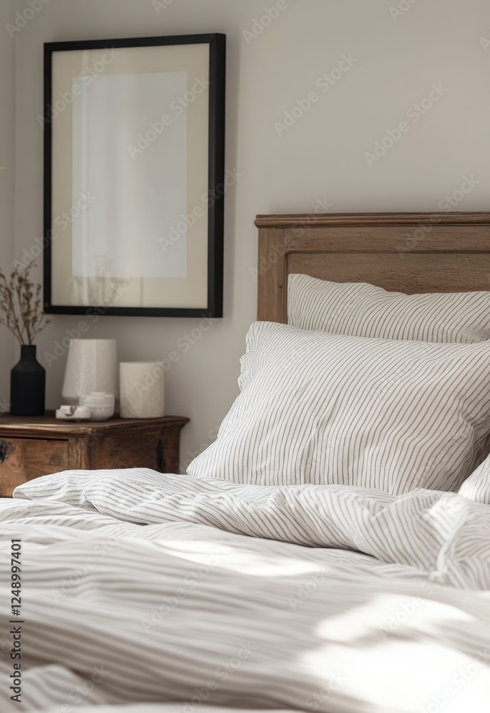 Cozy Bedroom with Striped Bedding and Minimalist Decor Elements Cozy Bedroom with Striped Bedding and Minimalist Decor Elements