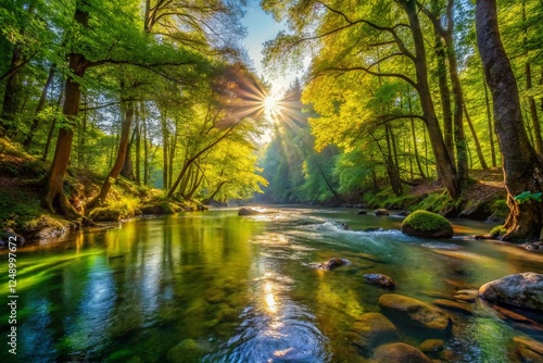 Crystal Clear River Flowing Through Lush Green Forest - Nature Stock Photo