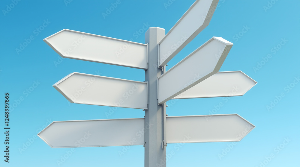 Many Directional Arrows Showing Different Ways in Signpost against Clean Blue Sky, Making Decision, Bifurcation Point of Life, Multiple Directions to Take Many Directional Arrows Showing Different Ways in Signpost against Clean Blue Sky, Making Decision, Bifurcation Point of Life, Multiple Directions to Take