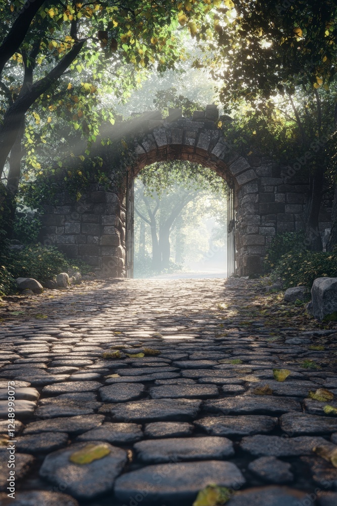 Obraz premium Enchanted Stone Archway in a Serene Forest Pathway at Dawn