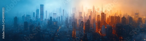 Concept of income inequality and poverty, a divided cityscape showing the stark contrast between rich and poor, generative AI style, vivid details