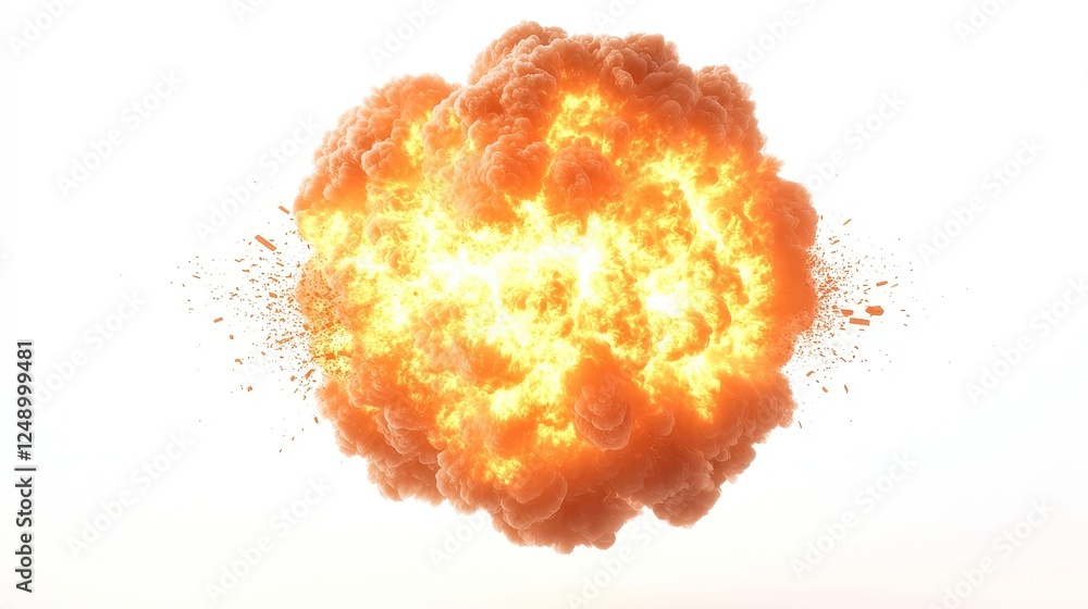Explosive Blast with Fiery Debris, dramatic scene depicting a powerful explosion surrounded by a stark white backdrop, emphasizing the intensity and chaos of destruction Explosive Blast with Fiery Debris, dramatic scene depicting a powerful explosion surrounded by a stark white backdrop, emphasizing the intensity and chaos of destruction