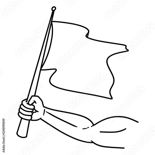 A hand holding a flag waving on a pole, isolated on a clean background. Symbol of surrender, victory or truce. Simple line art style