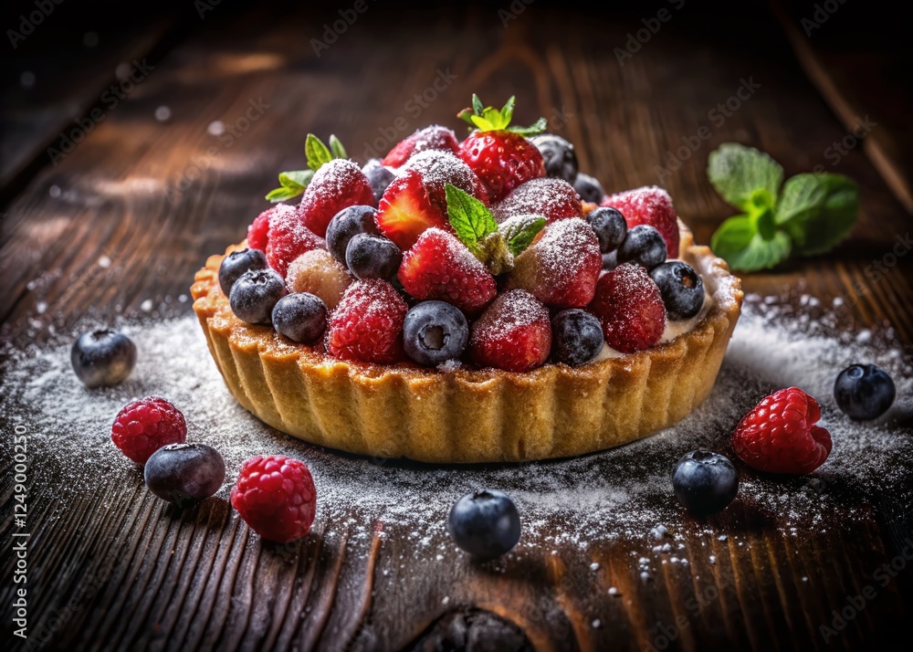Dark Moody Still Life: Fresh Fruit Tart Dusted with Powdered Sugar Dark Moody Still Life: Fresh Fruit Tart Dusted with Powdered Sugar