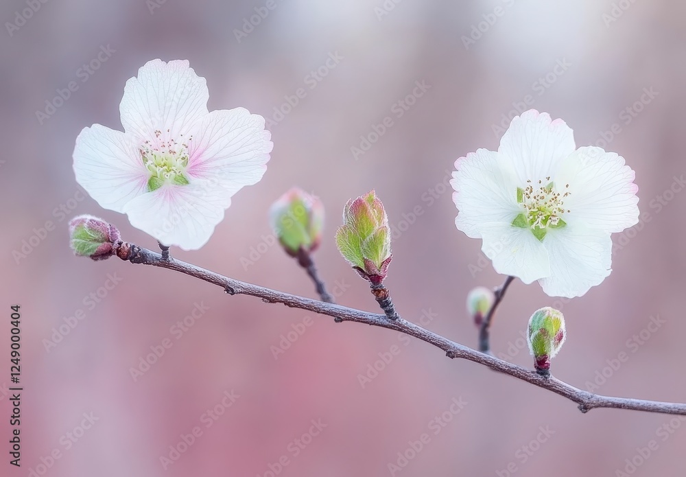 Close up of delicate white blossoms with hints of pink, soft focus background, spring flowers on branch, delicate blossoms and buds on a branch Close up of delicate white blossoms with hints of pink, soft focus background, spring flowers on branch, delicate blossoms and buds on a branch
