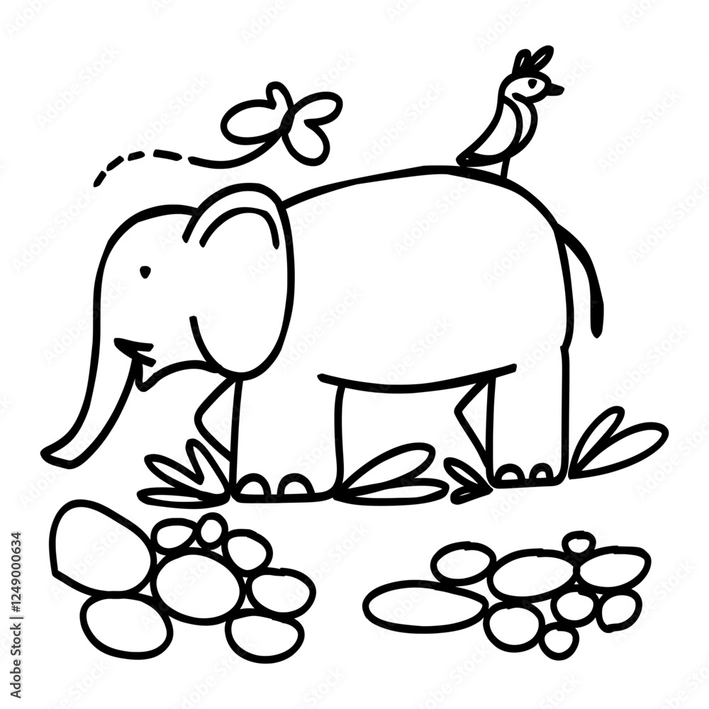 Fototapeta premium A cute elephant with a bird on its back, walking through a field with flowers. Perfect for children's books, animal lovers, and nature themes