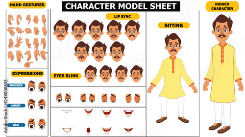 Indian Village Man Sprite Sheet | Rigged 2D Character with Lip Sync, Walk Cycle, Eye Blink, Eyebrow Expressions, and Hand Sync | Ready-to-Use for Animation