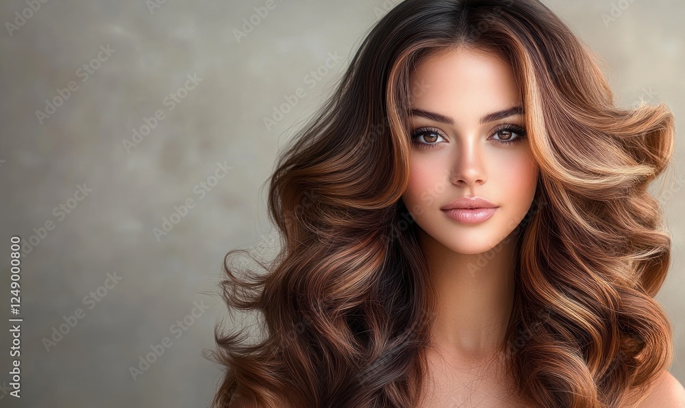Fototapeta premium Glamorous portrait of a beautiful brunette woman with long shiny wavy hair and elegant make-up